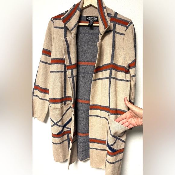 Oliver O Women's Tan Navy & Orange 
Open Front Jacket With Pockets 
Size Small - Picture 3 of 6